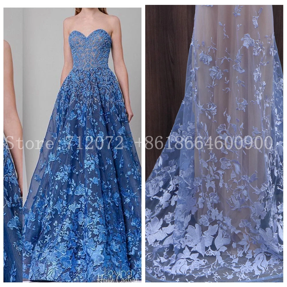 

New light blue/nude mesh embroidery fabric stage performances fashion Beautiful brilliance/wedding dress lace fabric 1 yard