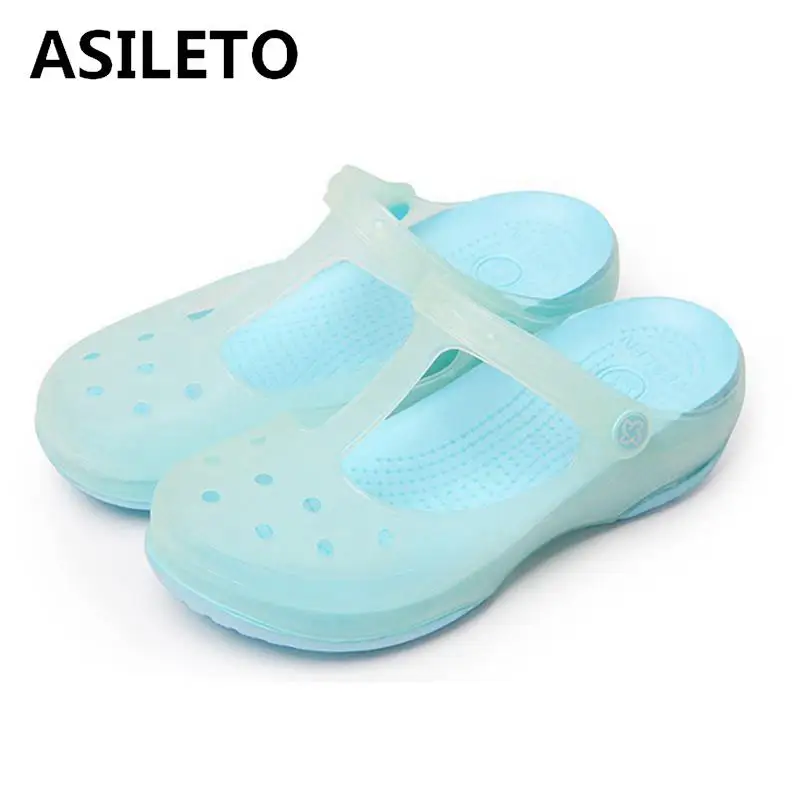 

ASILETO women Clogs Jelly Sandals Home Summer Shoes Female Flat slippers Plastic Female Girls Waterproof EVA Garden shoes T603