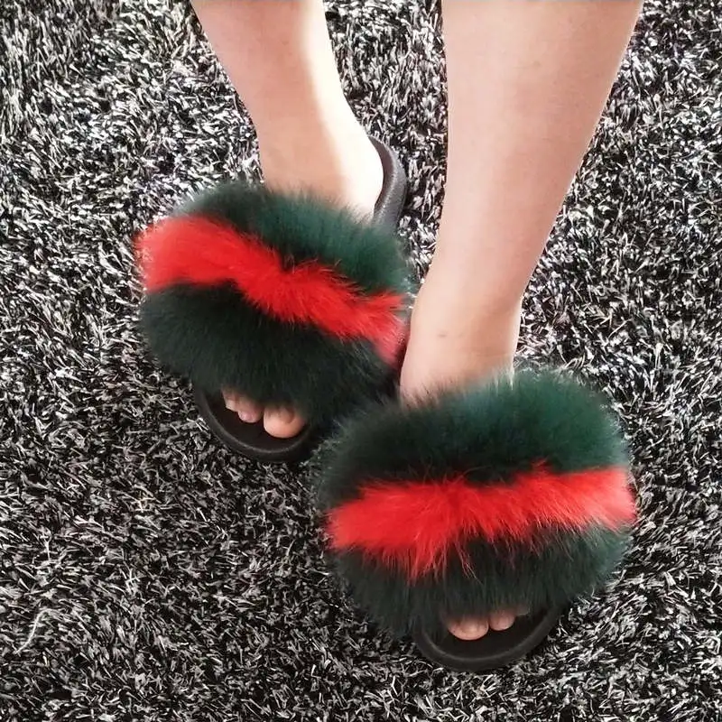 New Brand Women's Fox Fur Slippers Furry Warm Winter Real Fox Fur ...