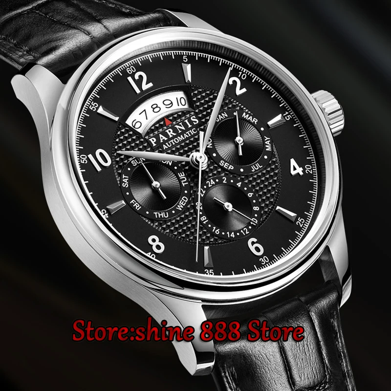 

42mm parnis black dial Multifunction Sapphire Glass 26 jewels miyota 9120 Automatic mens Watch