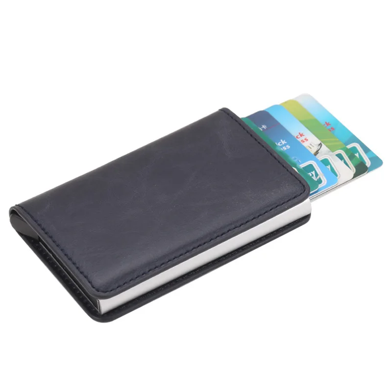 Модный кредитный держатель для карт для мужчин и женщин, металлическая RFID алюминиевая коробка, карбоновое волокно из искусственной кожи, кошелек для карт, всплывающий держатель для карт - Цвет: A-Blue