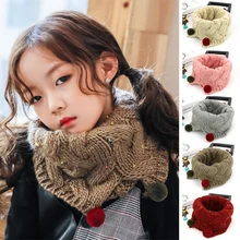 Милый теплый зимний шарф, детский вязаный шерстяной шарф с круглым вырезом, однотонный шарф с помпонами для мальчиков и девочек