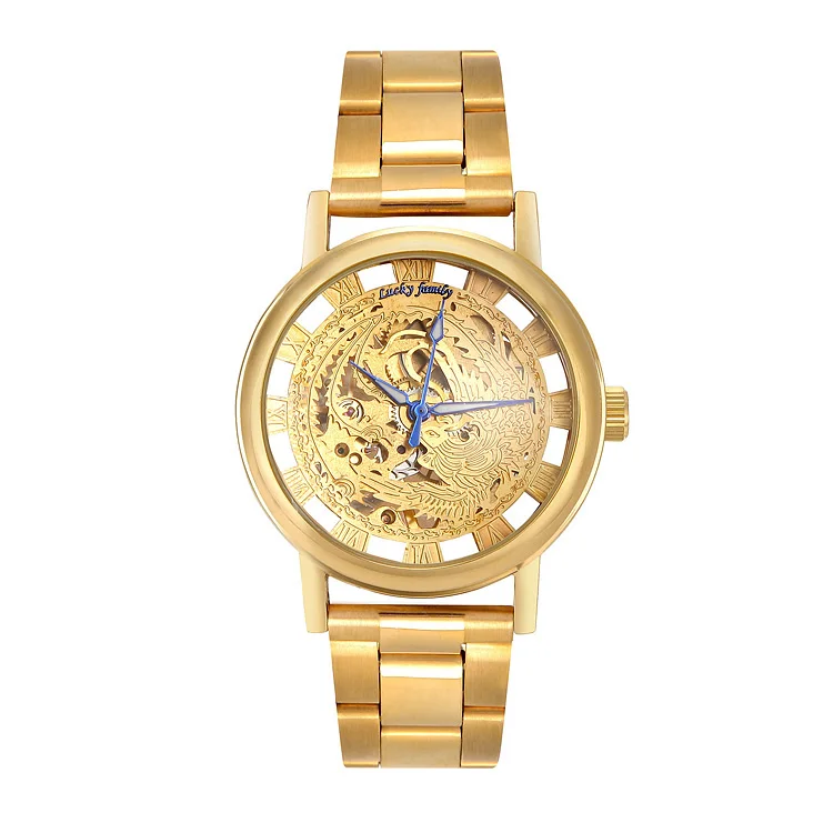 

NEW Phoenix Unisex Dragon Pattern Cut-out Hand Wind Analog Transparent Mechanical Watches Men's Strap Gold Wristwatches