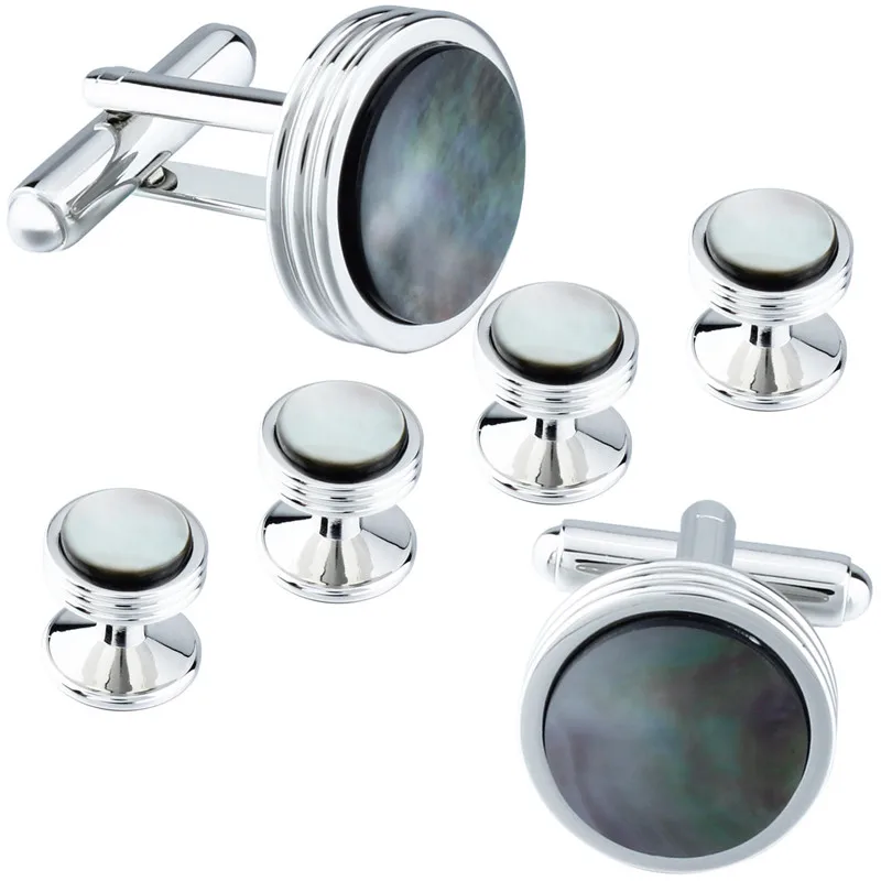 Tuxedo Shirt Cufflinks Studs Set Grey Shell Cuff links For Mens Accessories with Box