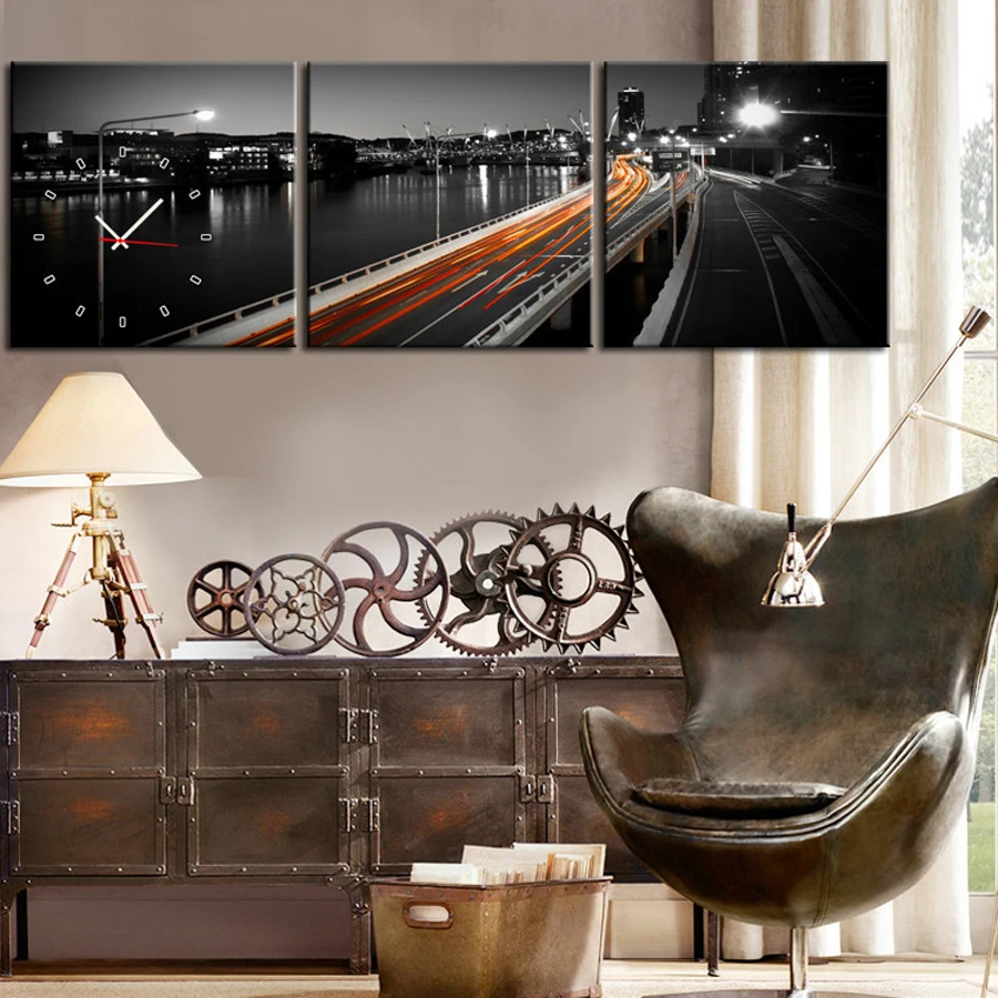 

Free Shipping E-HOME City FlyoverClock in Canvas 3pcs wall clock