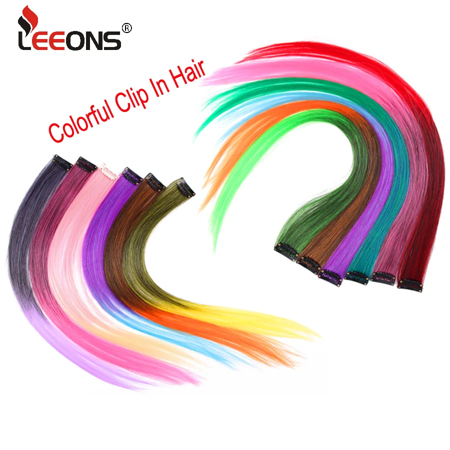 Leeons Clip In Synthetic Hair Extensions Heat Resistant Long Straight Hairpieces One Clips For Women Extension Fake Blue Hair