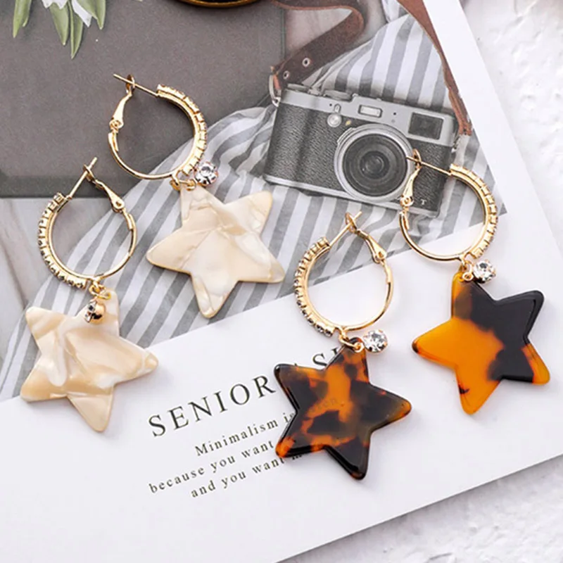 

2019 New Korean Fashion Small Rhinestone Hoop Earrings With Pentagram Star Pendant Women's Acetic Acrylic Shell Leopard Earring