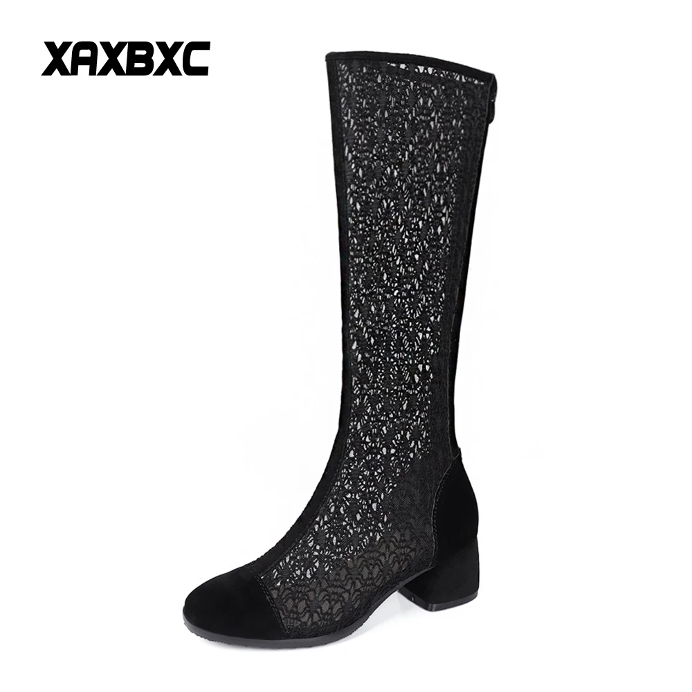 

XAXBXC 2018 New Spring Summer Lace Mesh Hollow Out Mid-Calf Sandals Boots High Heels Mujer Botas Women Ladies Shoes