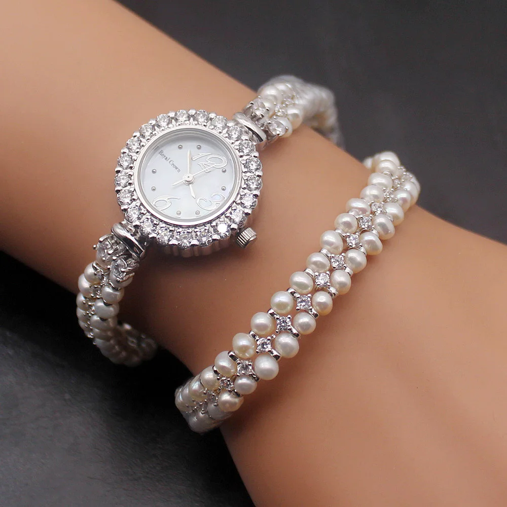 

Women Jewelry Band Wristwatches Sterling Silver White Pearl Watch Double Bracelet 14 inch Free Shipping W31