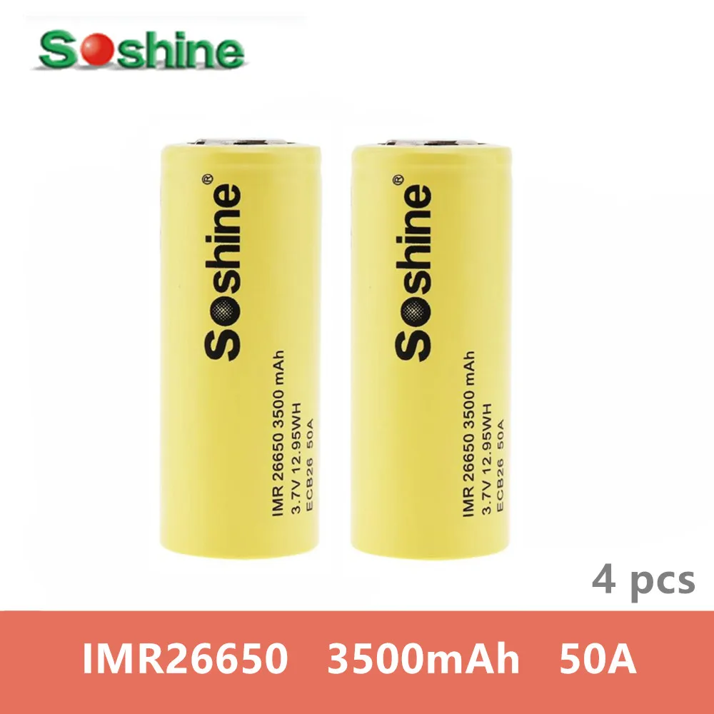 4pcs original SOSHINE LI-ION IMR 26650 3500mah 3.7V 12.95WH ECB26 50A rechargeable battery with Safety Relief Valve+ Battery Box |