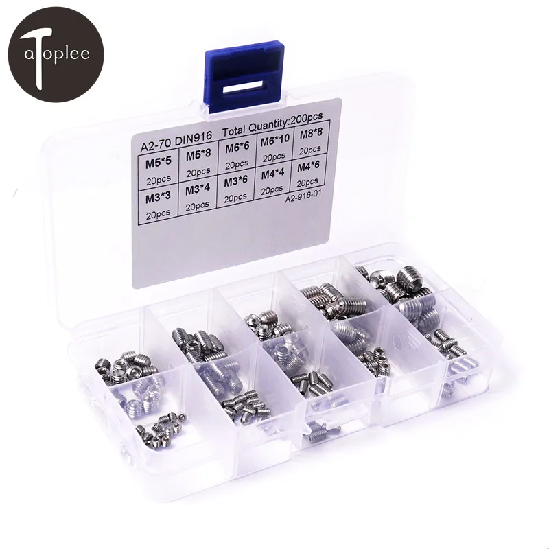

200Pcs/set M3/M4/M5/M6/M8/M10 Stainless Steel Concave End Allen Head Socket Hex Set Grub Screw Cup Point Assortment Kit