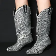 Модные женские сапоги до колена, украшенные бриллиантами; Цвет серебристый, красный; обувь с украшением в виде кристаллов; сапоги на массивном каблуке; женские сапоги В рыцарском стиле