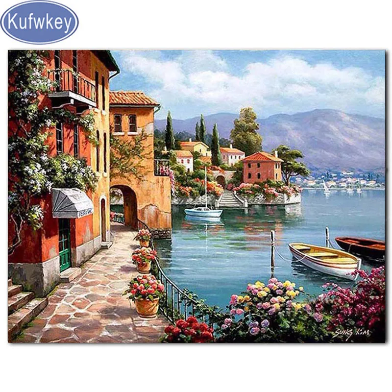 

Full round/square Diamond embroidery 5d DIYdiamond painting italy Cross stitch Seascape 3d Diamond mosaic Water town Scenery
