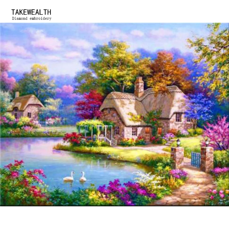 

Pond Manor DIY 5D diamond embroidery landscape full bead needlework Patterns Rhinestones of diamond painting scenery tree b58