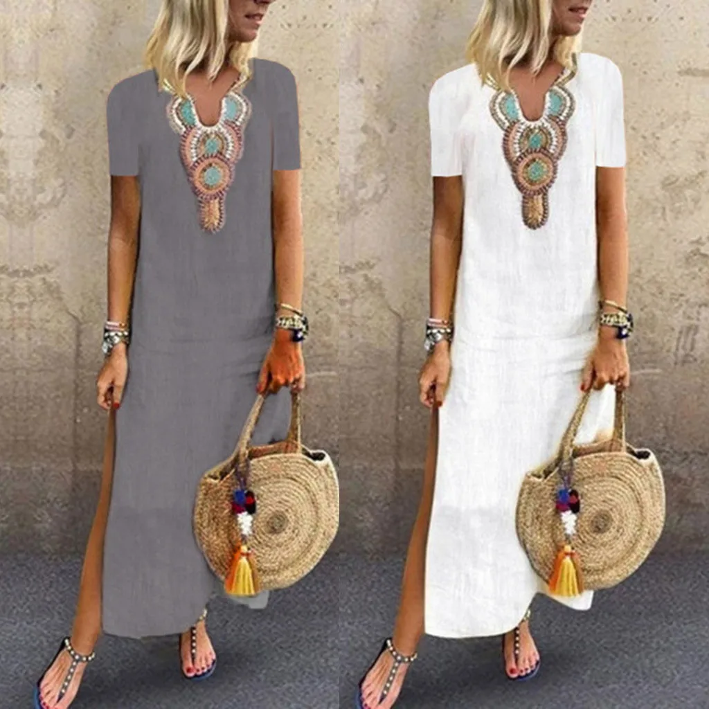 

Women Dress 2019 Summer FashionWomen Print V-neck Side Slit Bohemian Dresses Shift Boho Maxi Dress Beach Dress #39