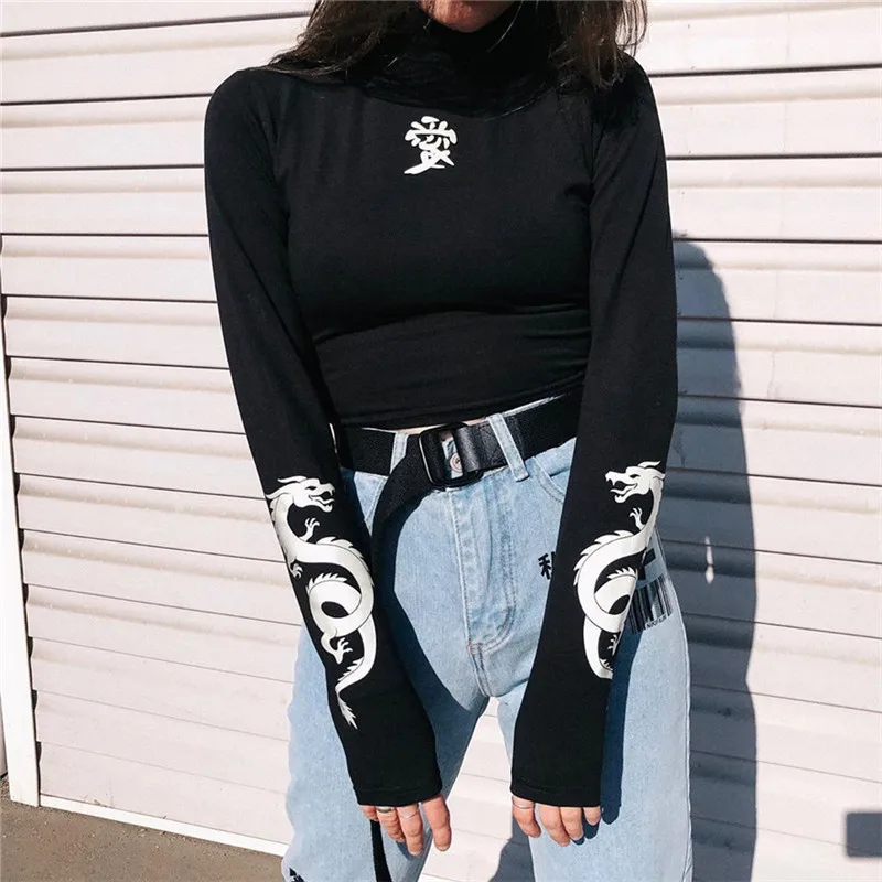 

2019 Spring Autumn Fashion Reflective Dragon Print Long Sleeve Tops Tees Women Navel Bare Cropped T Shirts Slim Fit Clothing