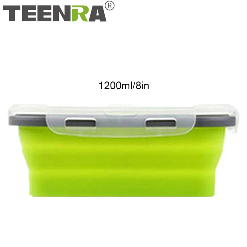 TEENRA Силиконовый складной Ланч-бокс, набор, силиконовый контейнер для хранения еды, складной Ланч-бокс для микроволновой печи посудомоечной машины, безопасный - Цвет: Gray-green 1200ml