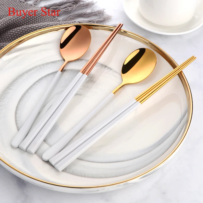 

2 sets Korean Spoon Dinnerware Set Stainless Steel Tableware Set Gold Black Hashi Chopsticks and Spoon Set Metal Sushi Sticks