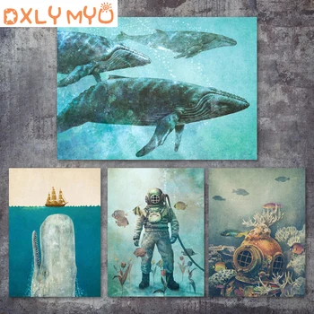 

5d Diamond Painting Cross Stitch Sailboat Sea Seabed Diver Whale Nordic Vintage Embroidery Mosaic Crafts Rhinestone Painting