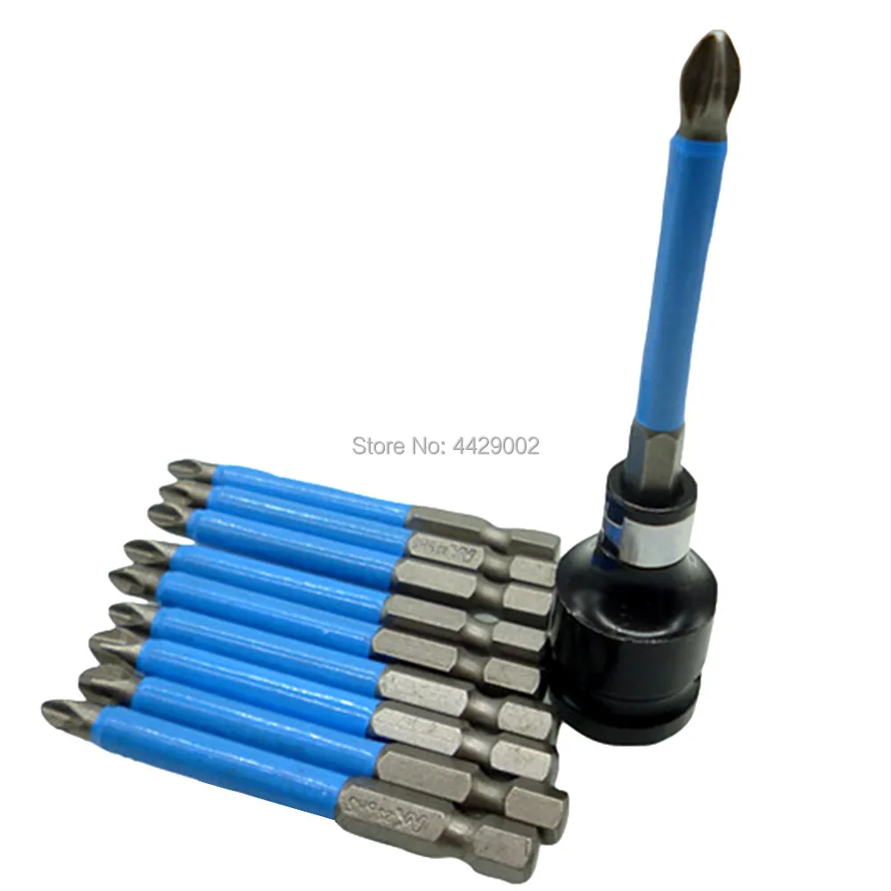 

10pc 70mm Magnetic 1/4" Screwdriver Bit Impact Driver Bits Phillips PH2 Screwdriver Insert Bits + 1/2" Drive to 1/4" Hex Adapter