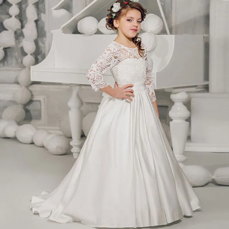 

White Lace Flower Girl Dress for Wedding 2017 Ball Gown Sheer Neck Long Sleeves with Bow Girls Birthday Gown