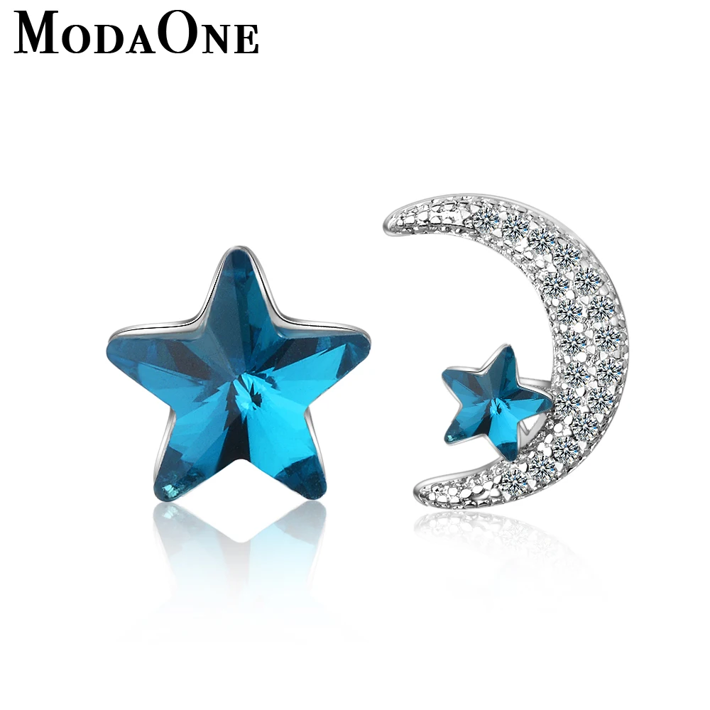 

ModaOne Korean Blue Star Moon Crystal Sterling Silver Stud Earrings For Women Fashion Trendy Jewerly Aretes De Mujer