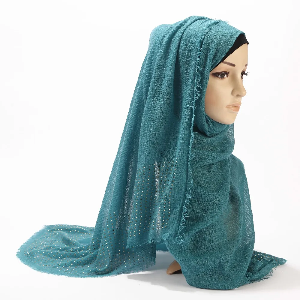 Женский хлопковый шарф с бриллиантами однотонный шарф-Хиджаб Женский платок обертывание бахрома мнущийся мусульманский шарф шали и обертывание s
