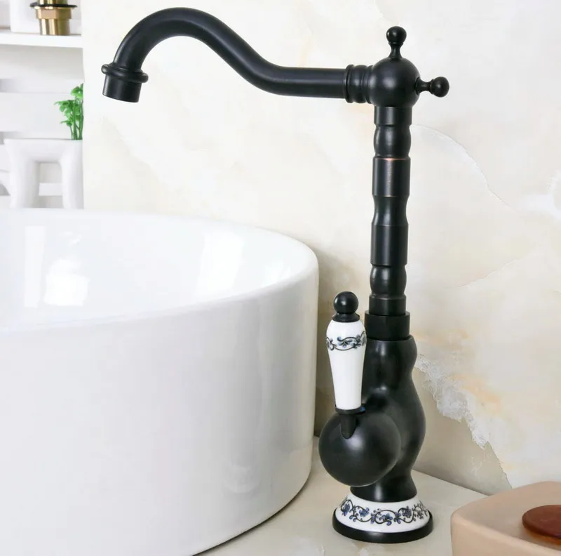 Black Oil Rubbed Bronze Ceramic Base Kitchen Wet Bar Bathroom Vessel Sink Faucet Single Hole Swivel Spout Mixer Tap anf657