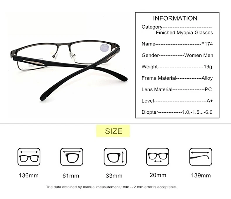 Диоптрия-1,0-1,5-2-2,5-3-3,5-4-4,5-5-5,5-6 очки для близорукости для мужчин и женщин сплав оправа очки близорукие F174