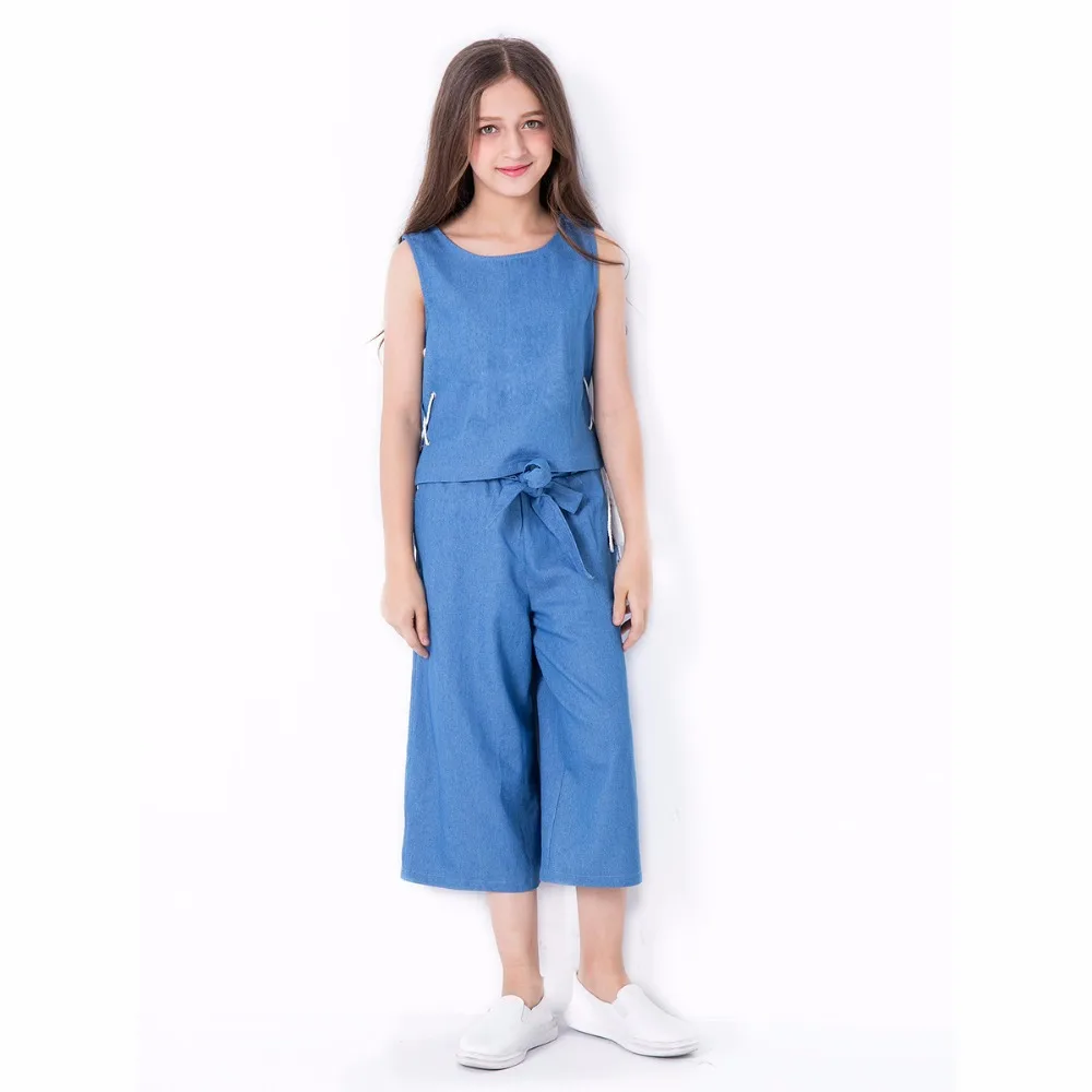 

Teen Girls Clothing Set 2019 Summer Fashion Teenage Girls Clothes European Style Children Set 2pcs Sleeveless Denim Tops Pants
