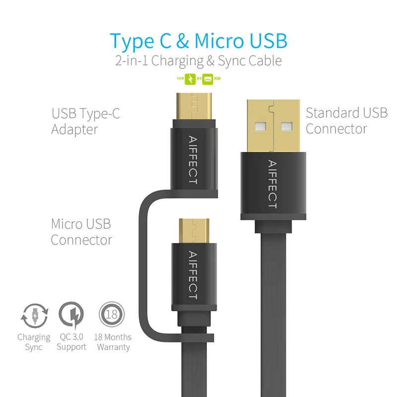 AIFFECT 2 интерфейса в 1 Micro B и type C к USB кабель для передачи данных зарядный Mini usb