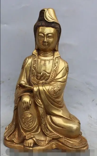 

S4697 11" Chinese Bronze Gilt 8 Auspicious Symbol Kwan-yin Bodhisattva Goddess Statue