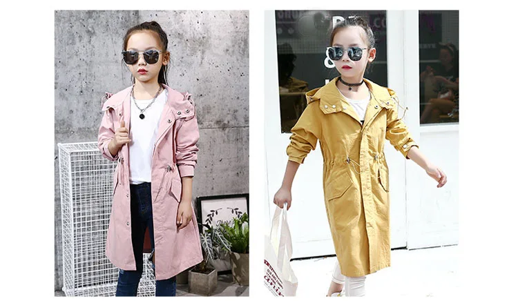 2 colors hooded long jackets for girls outerwear & coats clothing children long sleeve pockets kids trench coat autumn 2017 tops 4 5 6 7 8 9 10 11 12 13 14 15 16 Years old little big girls pink khaki long hooded coats clothes (14)