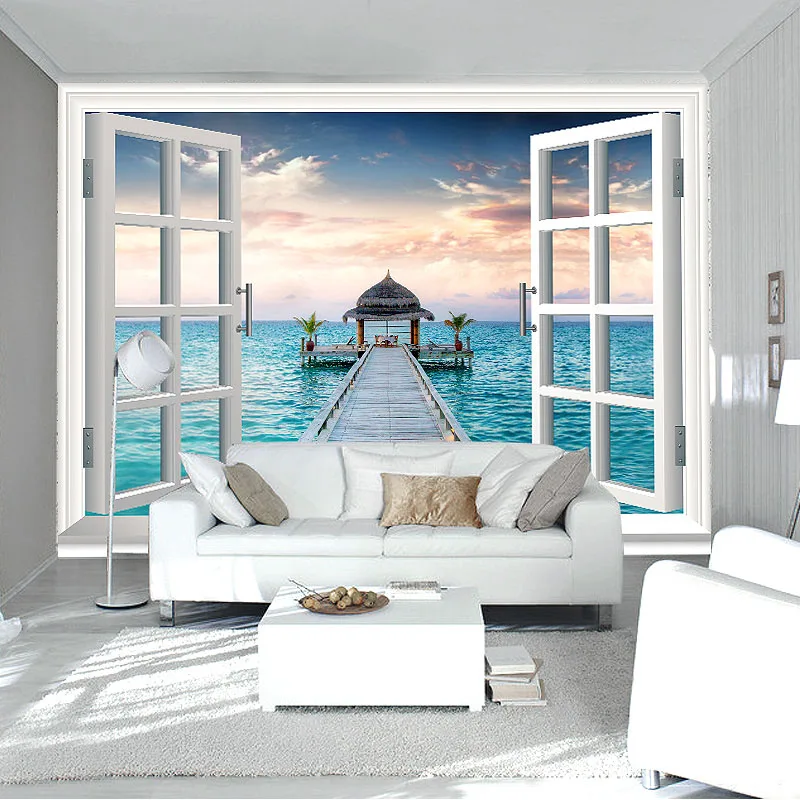 Ventana 3D Océano Paisaje fotografía de fondo de Pantalla Personalizado