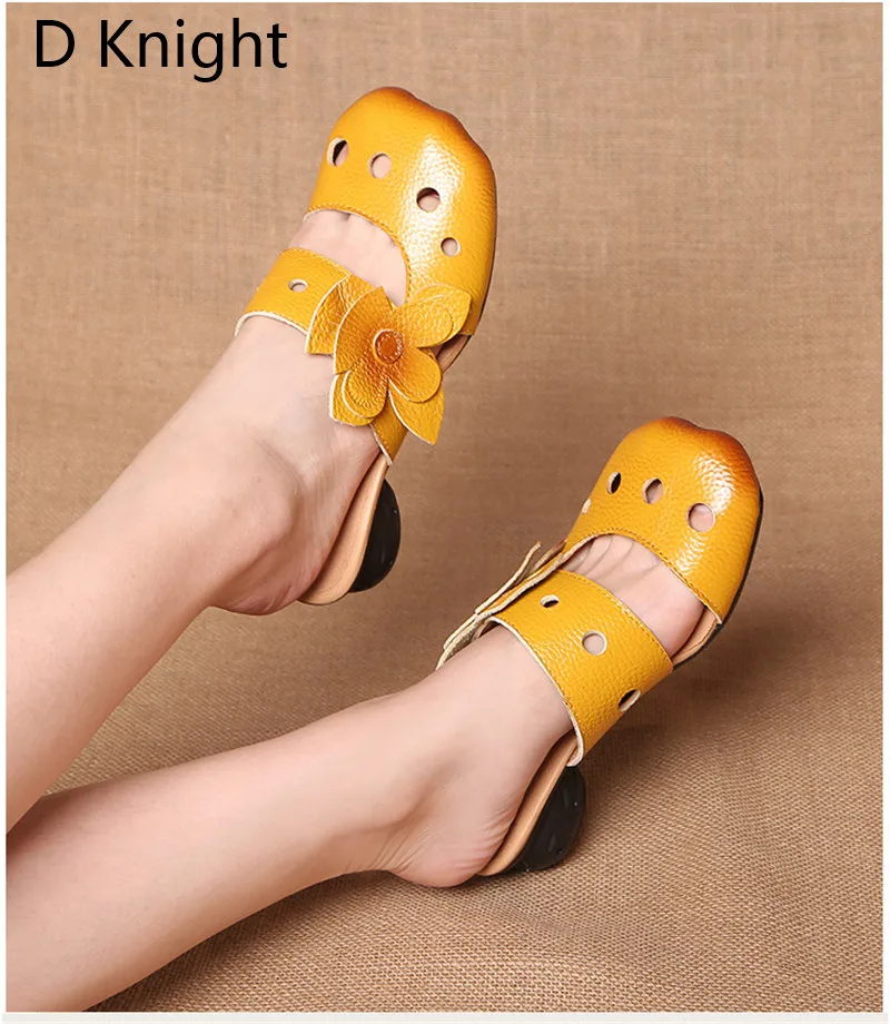 2018 Original Retro Handmade Women Slippers Summer Cow Leather Soft Bottom High Med Heels Slides Flower Hollow Out Female Sandal (8)