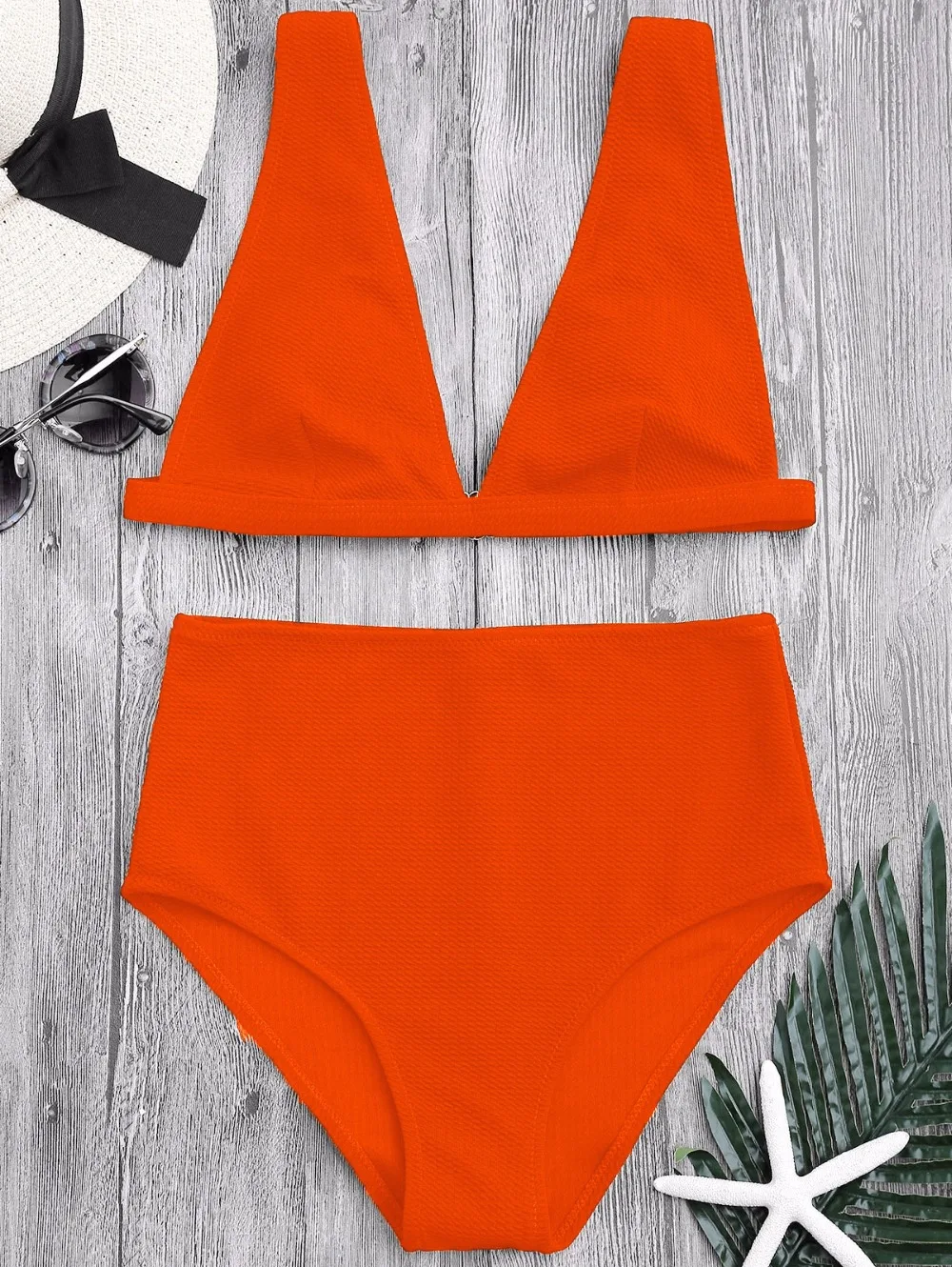 ZAFUL Sexy Swimwear High Waisted Textured Plunge Bikini Set Swimsuit