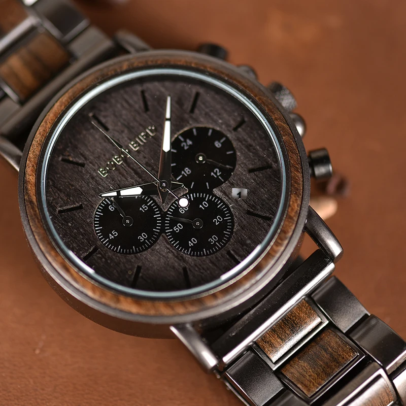 BOBO BIRD Men Watches Luxury Stylish Date Display Wood Watch Quartz Wristwatch Wooden and Metal Strap Timepieces K-nQ26