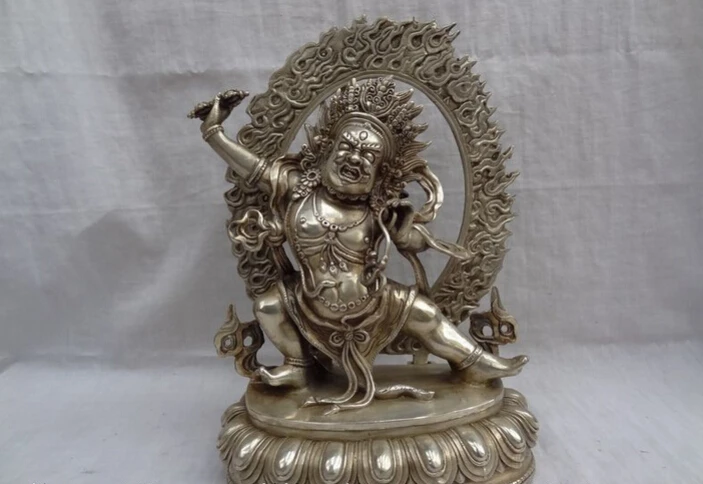 

S2398 10" China Silver Carved Buddhism Joss Set Tibet Vajrapani Buddha Bronze Statue D0318