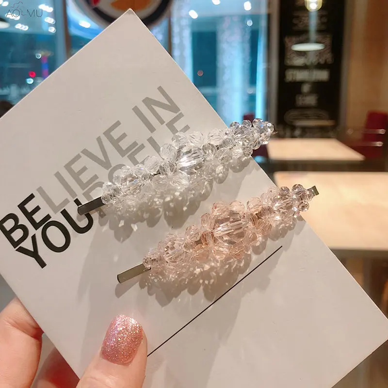

AOMU Korea Spring Chic Transparent Pink Crystal Bead Flower Hairclip Long Hairpin For Women Rhinestone Hairgrip Hair Accessories