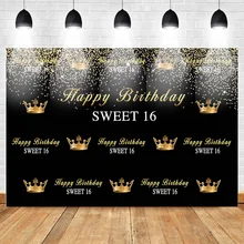 Crown Royal Sweet 16 Photo Background Happy Birthday Party Banner Black Gold Backdrops for Photography Party Decor Poster