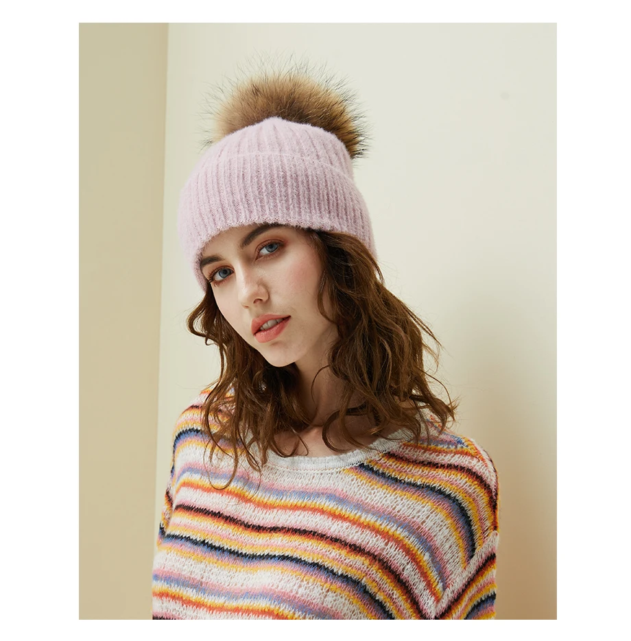 Woman Winter Hat Imitation Mink Fur Slouchy Beanie Thick Warm Turban Femme Straight Crochet Wool Hat Fur Pompom Skullies Beanies (8)