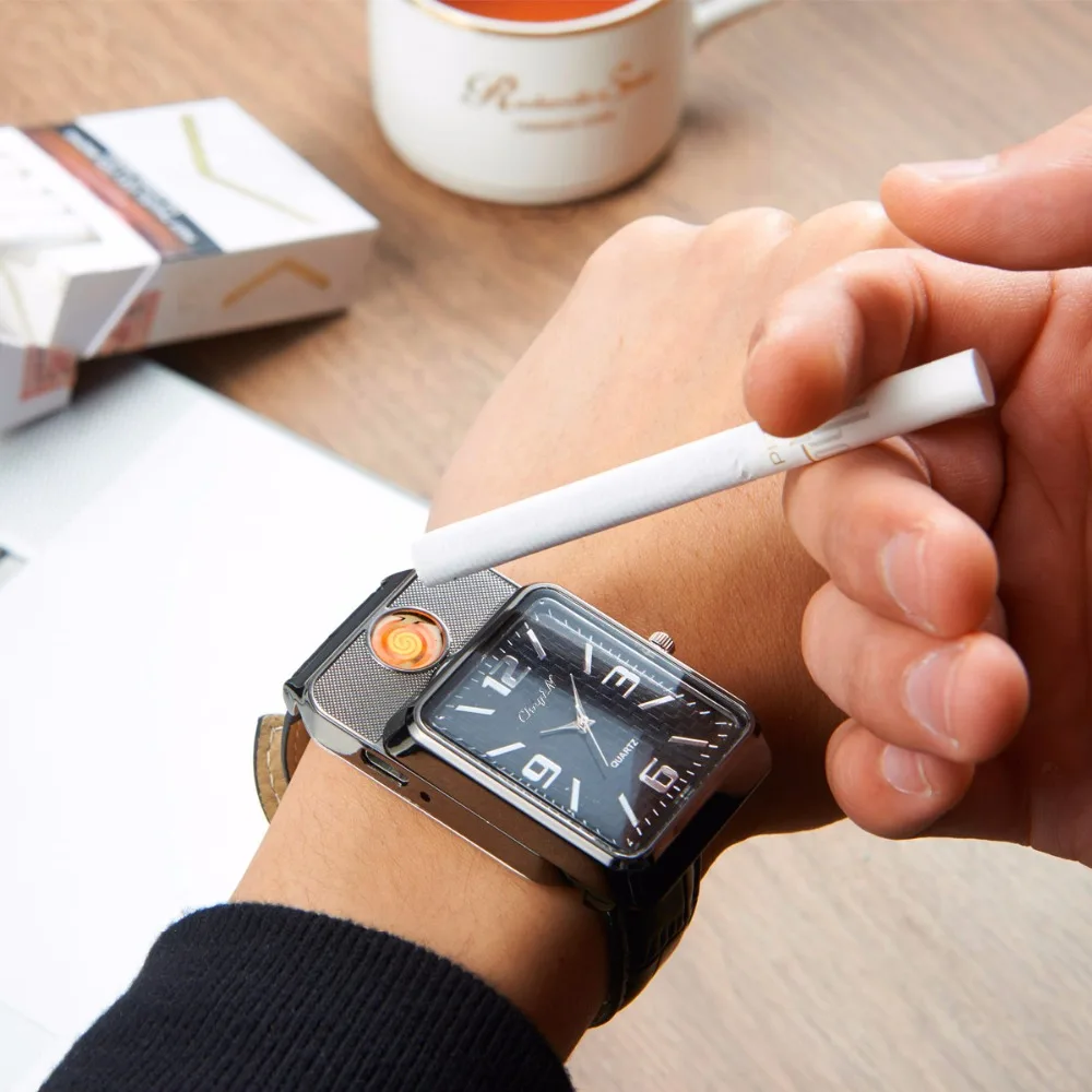 

Electronic Watch men with Rechargeable USB Cigarette Lighter Charging Windproof Flameless Lighter watch Sports Mens watches 25