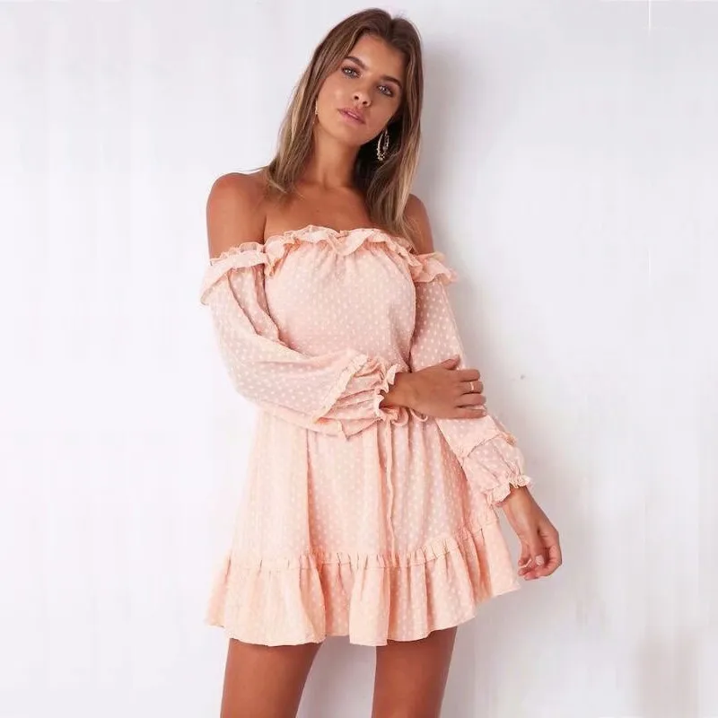yinlinhe Off Shoulder Summer Dress Long Sleeve Polka Dot Women Dress Backless Sash Slim Waist Elegant Ruffles Vestidos 5