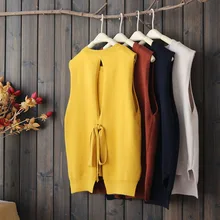 3484, большой размер, зимний женский вязаный свитер, милый, японский стиль, однотонный, с ремнем сзади, полый жилет, свитер с круглым вырезом, без рукавов