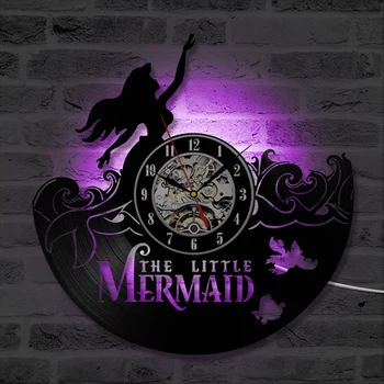 

The Little Mermaid Ariel Vinyl Record Wall Clock Modern Design Home Decorative Hanging LED with 7colors Wall Clock