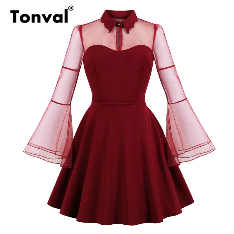 

Tonval Burgundy Elegant Summer Mesh Shirt Dress Women Turn-down Collar Mini Dress 2019 Flare Sleeve A Line Party Dresses