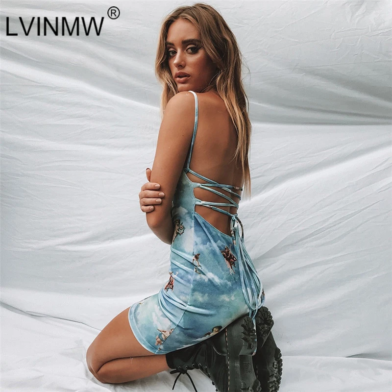 

LVINMW Sexy Angel Cupid Print Spaghetti Straps Mini Dress 2019 Summer Women Backless Lace Up Bodycon Dress Party Bandage Dresses