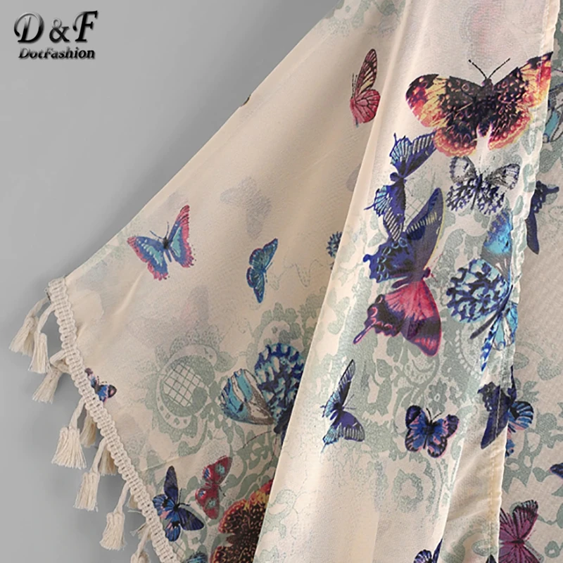 Dotfashion Butterfly Print Fringe Trim Top Kimono Womens Tops And Blouses 2019 Summer Casual Beachwear Short Sleeve Kimonos