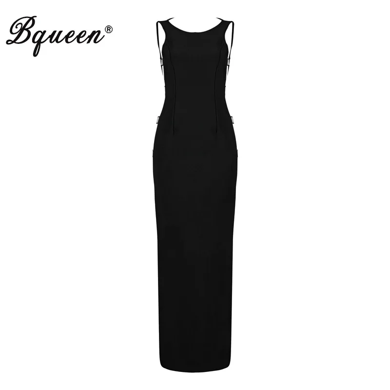 

Bqueen 2019 Elegant Black Floor Length Bodycon Women Party Dress Vestidos Sexy Hollow Out Backless O Neck Women Bandage Dress