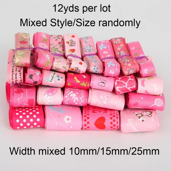 Разный размер, Корсажная и атласная лента высокого качества, смешанный стиль/размер, 12 ярдов/партия(1 ярд/стиль - Цвет: Pink